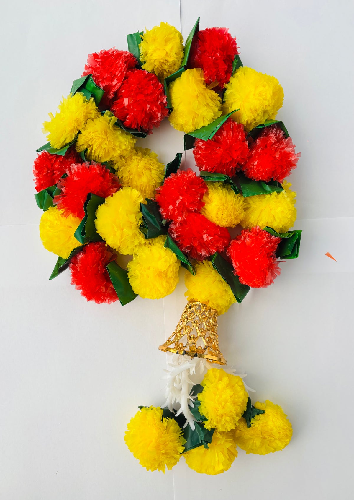 Yellow Pink Green Leave With Bell Marigold Garland (135cm)