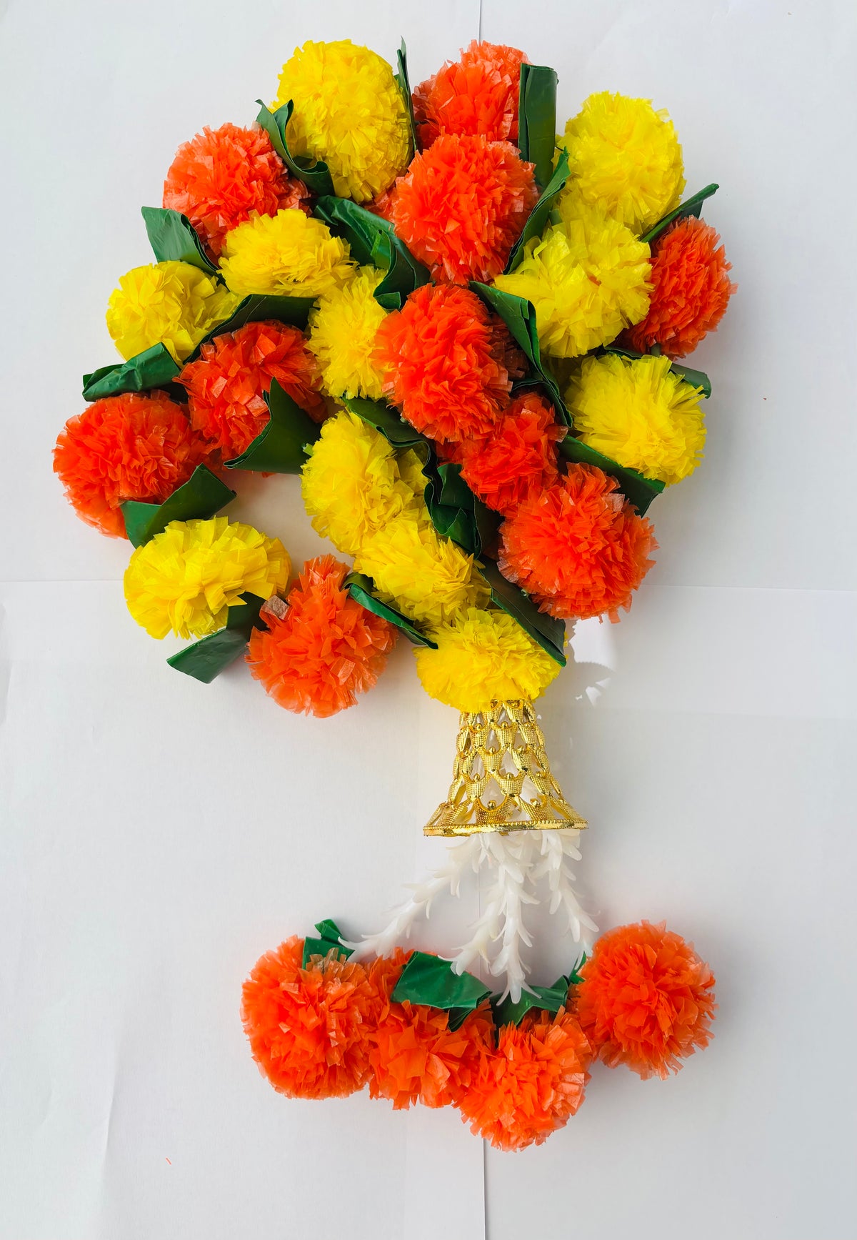 Yellow Orange Green Leave With Bell Marigold Garland (135cm)