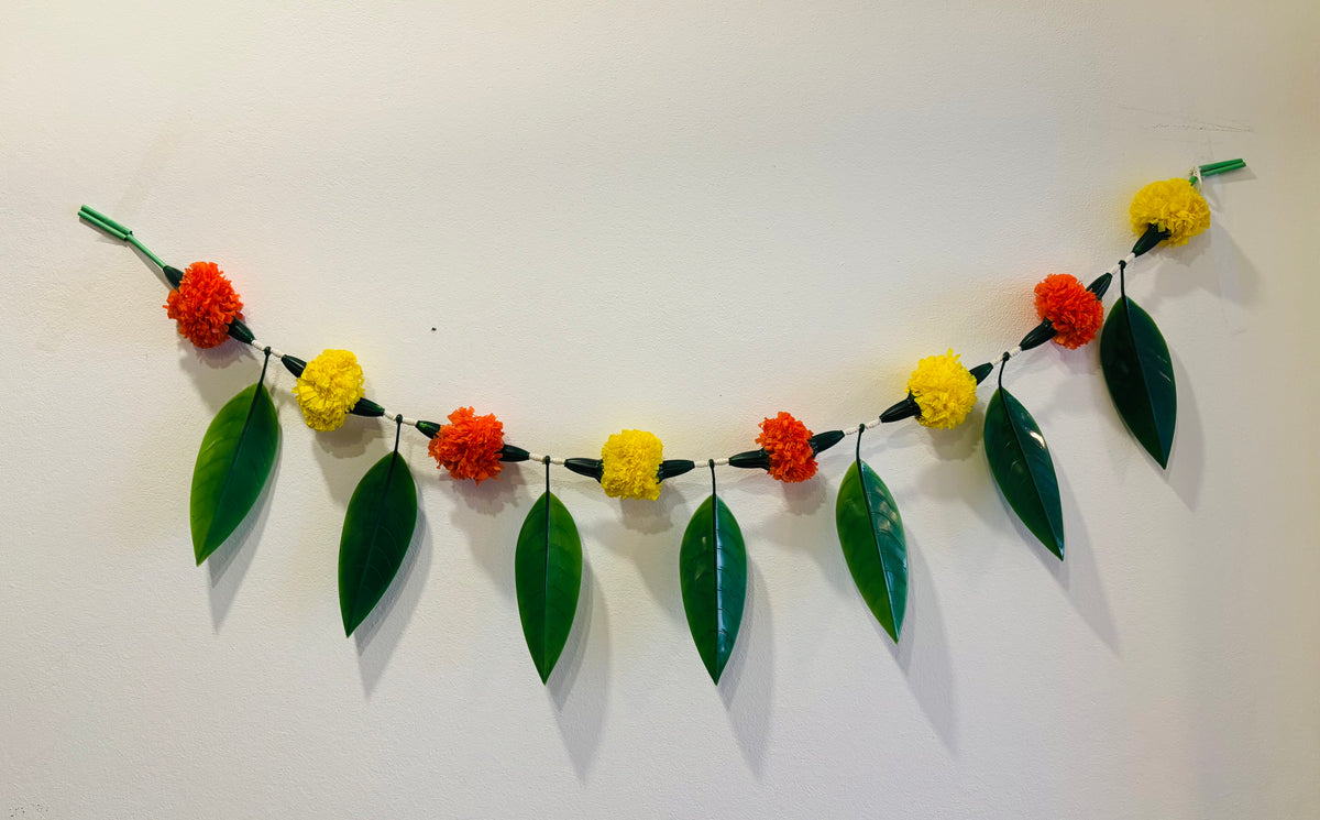 Yellow Orange Marigold Mango Leave Toran (100cm)